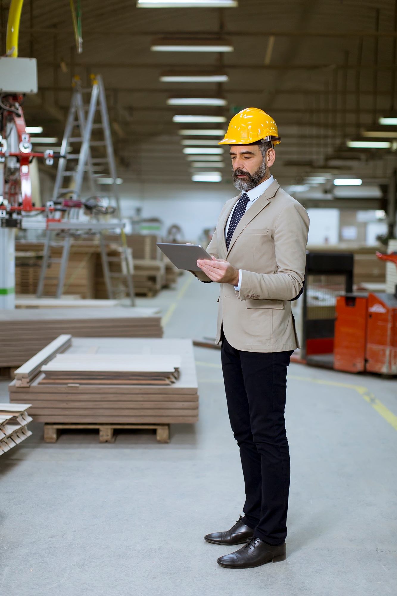 Middle-aged businessman with digital tablet in factory